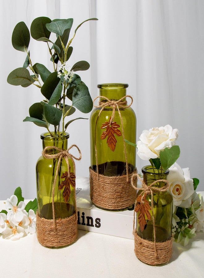 GnFlus Green Glass Vase Set of 3 Flower Vase Vintage Bud Vases Decorative Glass Bottles for Centerpieces Table Decorations Living Room Office Dining Room Kitchen Home Decor, 5" 6.5" 8" Tall Green Vase - Image 4